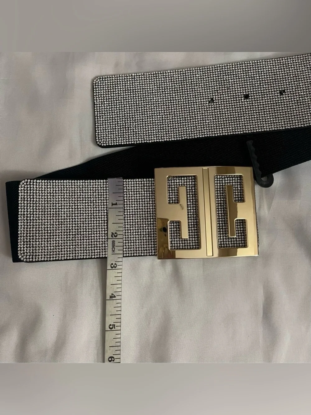 Black PU leather square buckle elastic waistband with rhinestones details belt